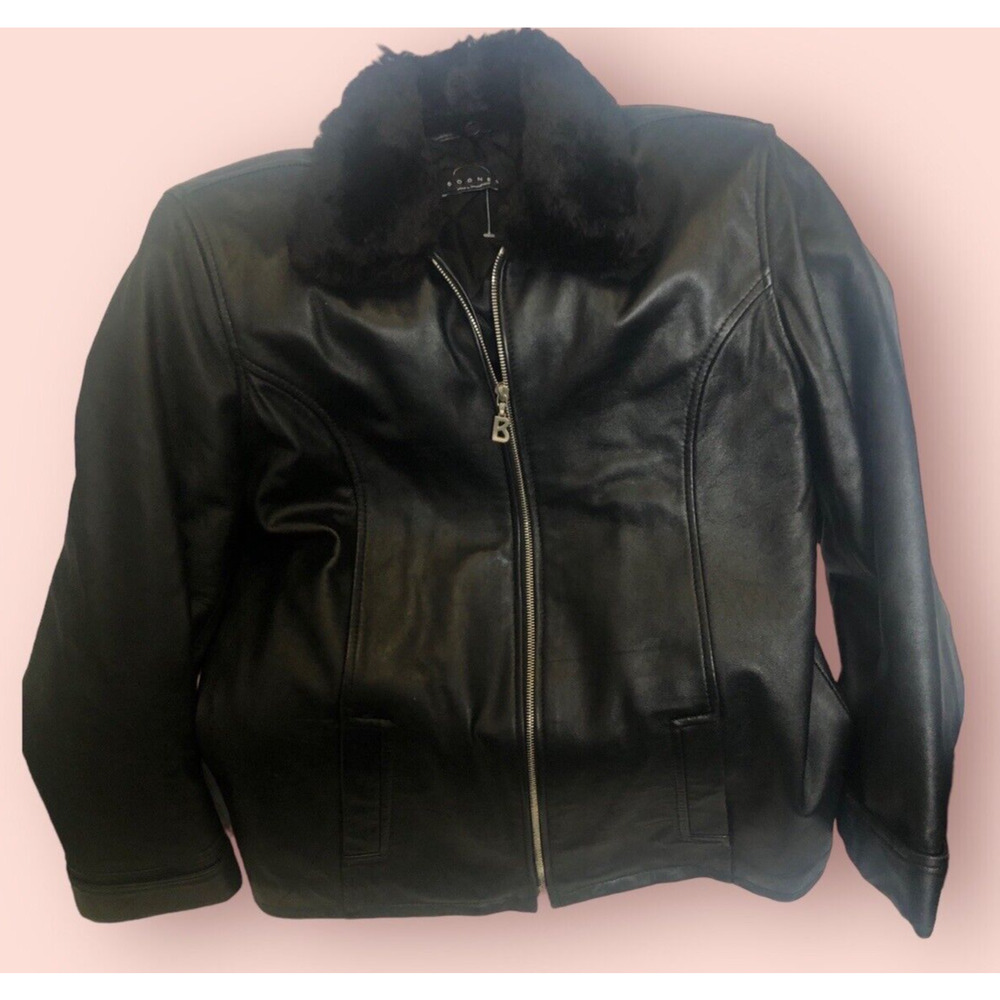Rare Bogner Women Black Leather Ski Bomber Jacket Coat Beaver Collar sz. 14 VG